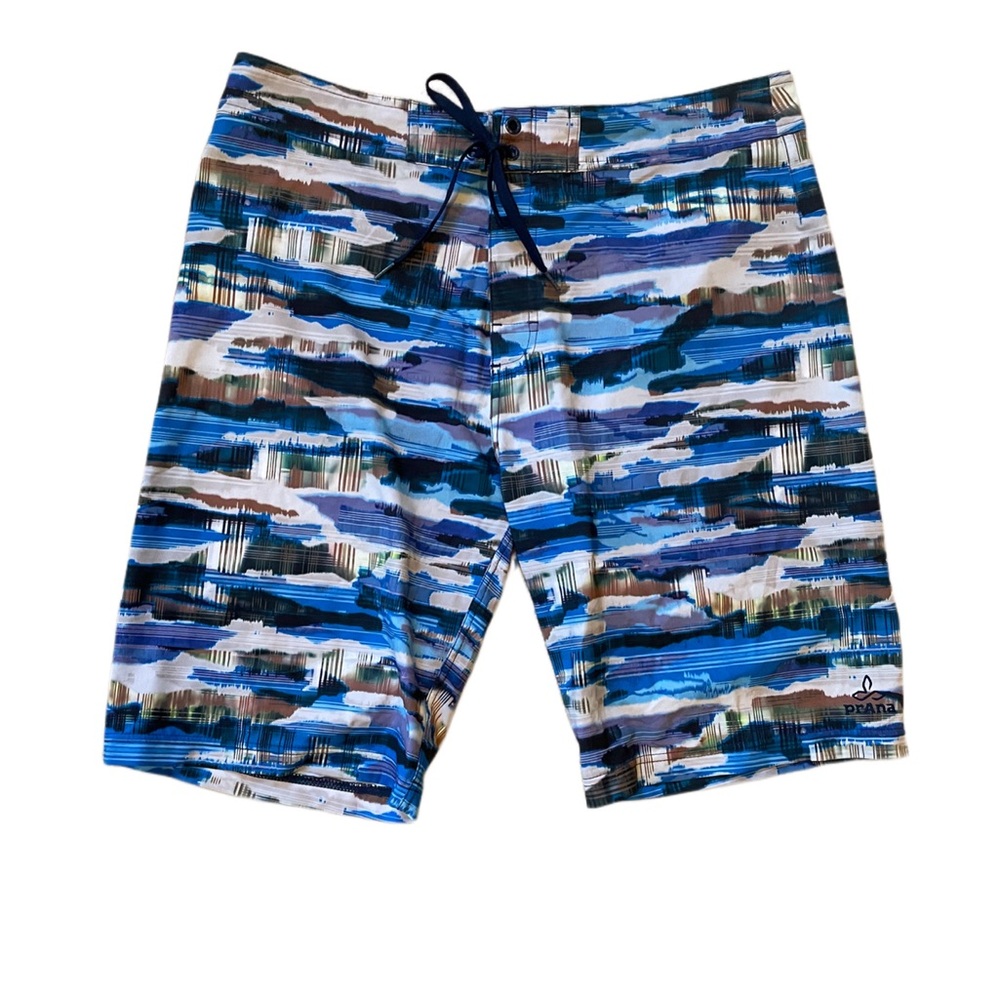 *Prana* Geometric Blue Long Swim Trunks Shorts Drawstring Pockets UPF 50, SZ 36